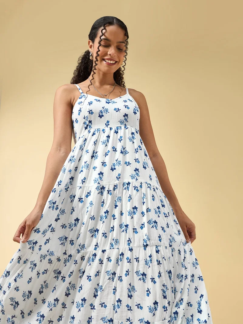 Outzidr  Blue A-Line Tiered Dress With Tie Up Detail At The Back for Women | Best Price UAE
